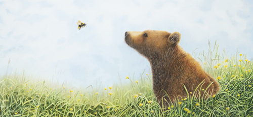 colored pencil  drawing bear and bee and dandelions.jpg